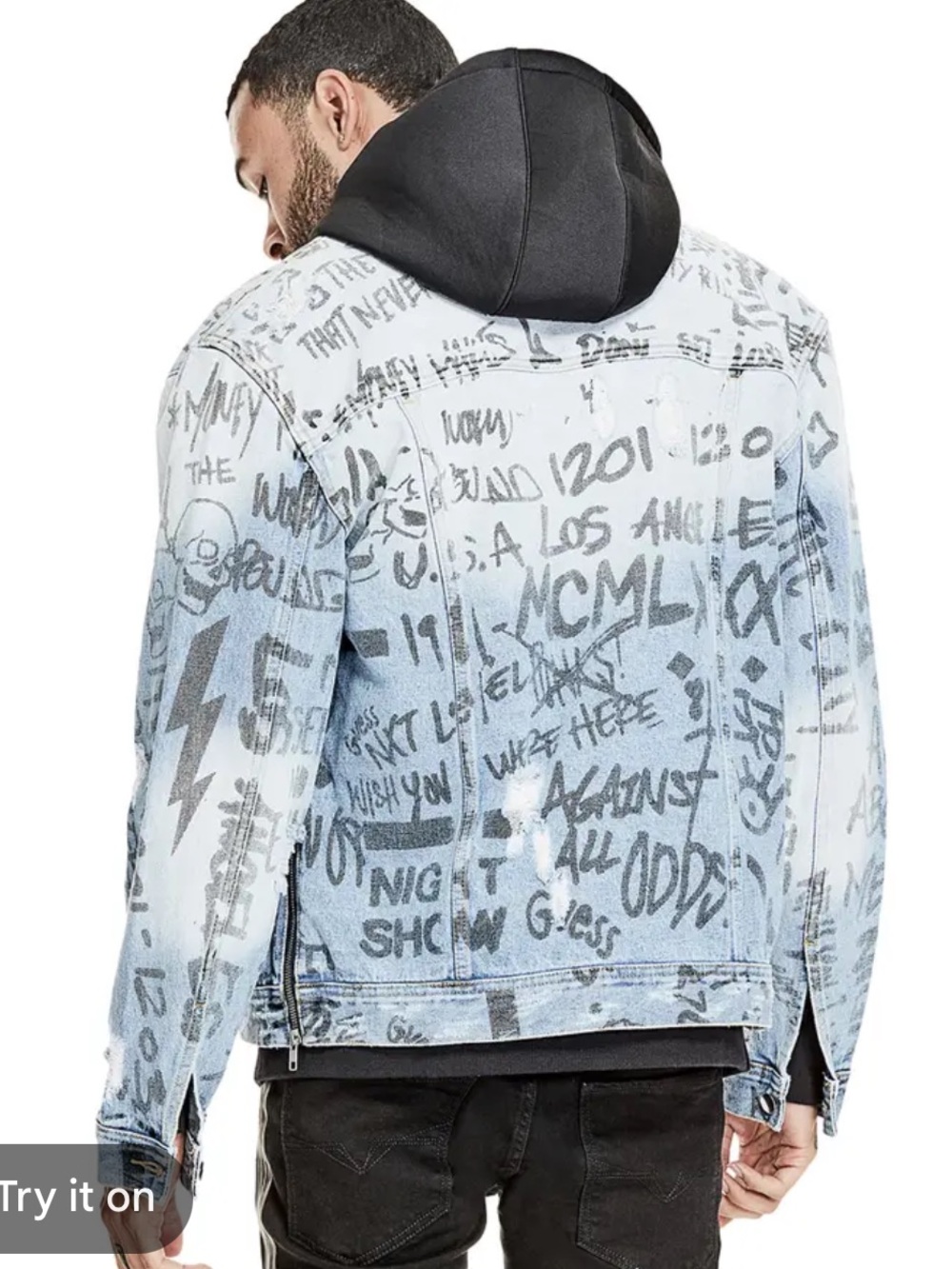Guess Vintage Men’s Light Blue All Over Graffiti Oversized Denim Jacket Sz XXL - Picture 5 of 15